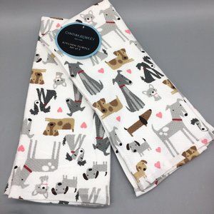 x4 Cynthia Rowley Love Dogs Pink Heart Terry Kitchen Towel Set Wedding Valentine